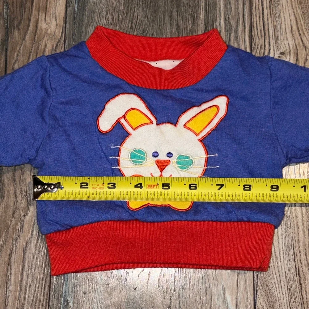 Vintage Reversible Baby Sweatshirt Blue White Bunny Applique Print Red Trim
